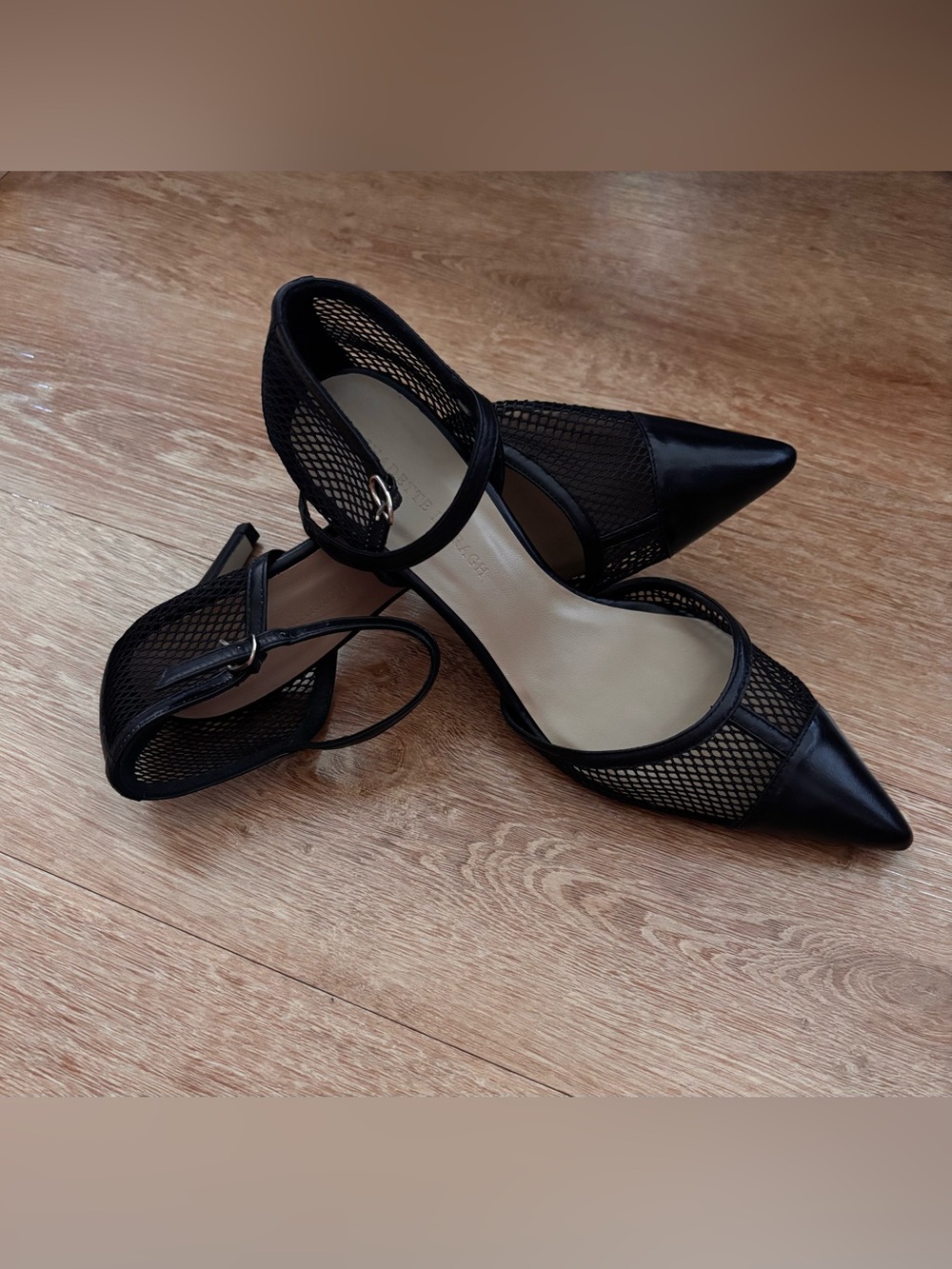 Black Mesh Pointed-Toe Ankle Strap Pumps